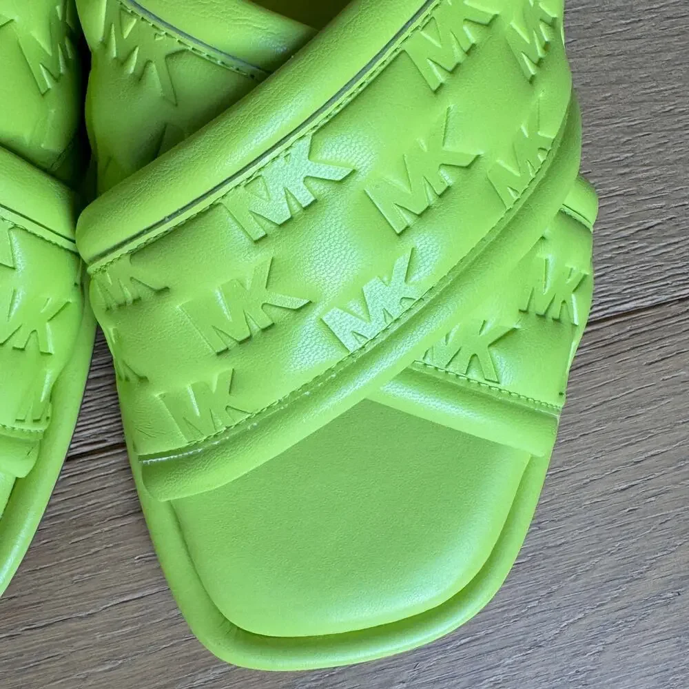 MK Michael Kors Gideon Puffy Logo Slide Sandals Limeade Green Women Sz 7.5 NWOB